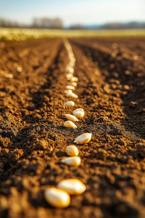 Seeds placed in rows within dark fertile soil in agricultural field. Bright sunlight highlights preparation for planting season. Concept of farming, crop production, sustainability.の素材