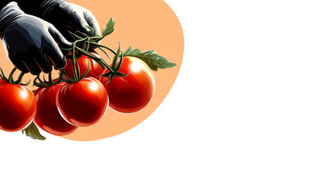 Hands in black gloves holding ripe red tomatoes with green leaves. Abstract orange background enhances focus on fresh produce. Concept of farming, culinary arts, organic food.の素材