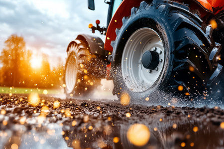 Tractor driving through muddy field, splashing water and dirt. Vibrant sunset lighting enhances the agricultural setting. Concept of farming, machinery use, rural landscape.の素材