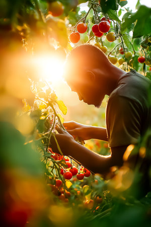 Individual picking ripe tomatoes in vibrant garden filled with green foliage. Sunlight creates a warm glow around subject, enhancing the natural beauty of the farm.の素材