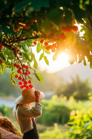 Woman harvesting ripe cherries while standing beneath branches laden with fruit. Warm sunlight filters through leaves in lush orchard. Concept of agriculture, farming, organic produce.の素材
