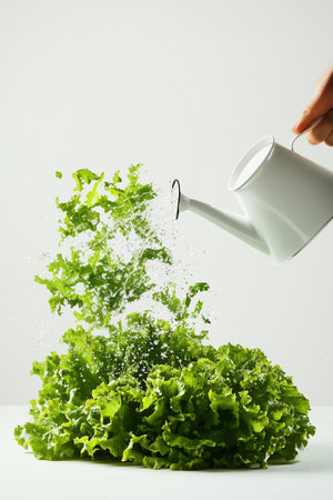 Watering vibrant green lettuce leaves with bright white watering can. Clean minimalist background enhances freshness and liveliness. Concept of gardening, healthy eating, organic produce.の素材