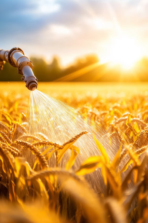 Irrigation system watering wheat field during sunrise. Golden crops bask in warm sunlight creating vibrant agricultural atmosphere. Concept of farming, crop management, irrigation technology.の素材