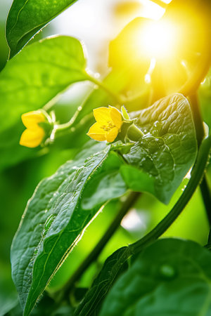 Yellow flowers blooming on green leaves in sunlight. Lush garden setting with vibrant natural elements. Concept of gardening, nature beauty, floral design.の素材