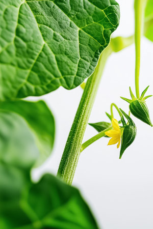 Cucumber plant displaying vibrant yellow flower with green leaves. Close-up shot highlighting growth and natural beauty. Concept of gardening, agriculture, plant health.の素材