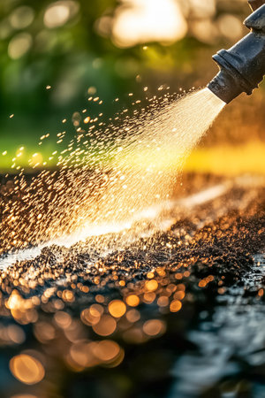 Water flowing from hose creates droplets over soil in garden. Sunlight enhances the vibrant scene filled with nature's beauty. Concept of gardening, landscaping, outdoor living.の素材