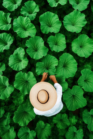Person reaching out to large vibrant green lotus leaves in garden setting. Lush foliage creates a serene atmosphere in bright daylight. Concept of nature exploration, wellness, gardening.の素材