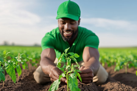 Farmer smiling while caring for young green plants in a vibrant field. Bright clear sky setting creates uplifting atmosphere. Concept of agriculture, sustainability, healthy living.の素材