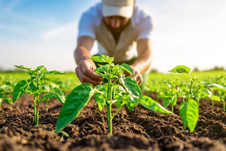 Man caring for young plants in lush green field with rich soil. Bright sunny day setting, focused on agricultural growth and nurturing. Concept of farming, gardening, sustainability.の素材