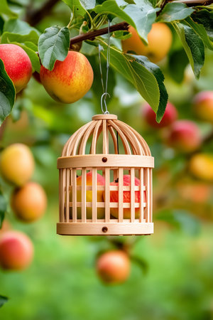 Wooden birdcage suspended among apple tree branches filled with ripe fruit. Lush green background highlights agricultural setting. Concept of gardening, nature, and organic farming.の素材