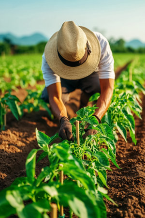 Farmer bending down to support growing pepper plants in fertile soil. Natural lighting creates warm atmosphere. Concept of agriculture, sustainable farming, crop cultivation.の素材