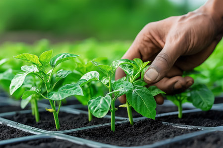 Hand reaching to nurture young green plants in thriving nursery. Vibrant setting with rich soil and abundant greenery. Concept of gardening, plant care, agricultural industry.の素材