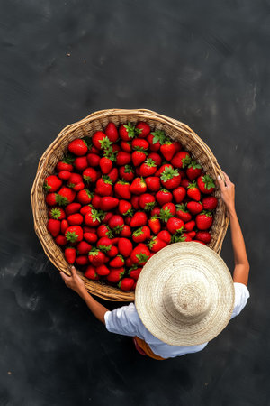 Person holding large woven basket filled with ripe red strawberries. Dark background emphasizes vivid colors of harvest. Concept of agriculture, farming, fresh produce, organic food.の素材