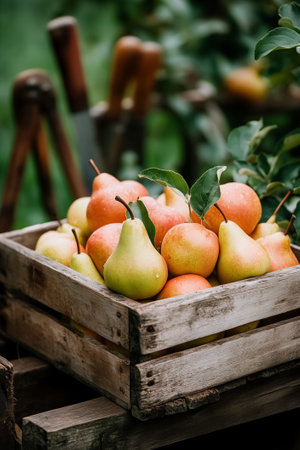 Fresh pears and apples resting in rustic wooden crate. Vibrant green orchard setting with soft natural light. Concept of organic farming, sustainable produce, fruit market.の素材