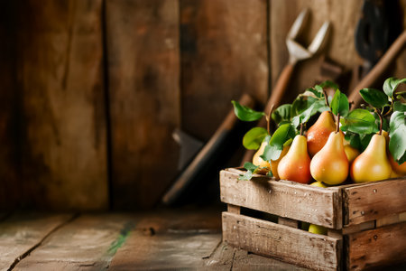 Fresh pears arranged in wooden crate with green leaves. Rustic wooden background features gardening tools. Concept of farm produce, organic fruits, agricultural market.の素材
