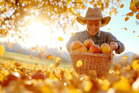 Person smiling while gathering apples in basket amid vibrant autumn leaves. Bright golden sunlight shines on colorful landscape. Concept of harvesting, agriculture, seasonal produce.の素材