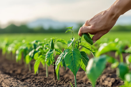 Hand reaching to pick fresh green leaves from young plants in a vast field. Sunlit outdoor setting with rich soil and lush greenery. Concept of sustainable agriculture, farming, gardening.の素材