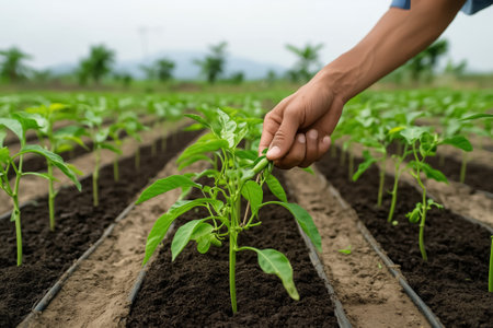Hand nurturing young pepper plants in rich soil. Field has healthy green rows under soft clouds. Concept of agriculture, farming practices, fresh produce.の素材