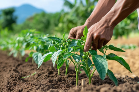 Hands carefully nurturing young pepper plants in fertile soil. Bright green leaves and surrounding garden offer a vibrant rural backdrop. Concept of gardening, agriculture, sustainable farming.の素材
