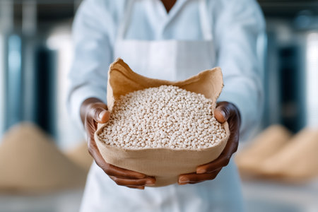 Individual displaying burlap bag filled with grains in production facility. Textured background with grain mounds visible. Concept food production, agriculture, grain processing.の素材