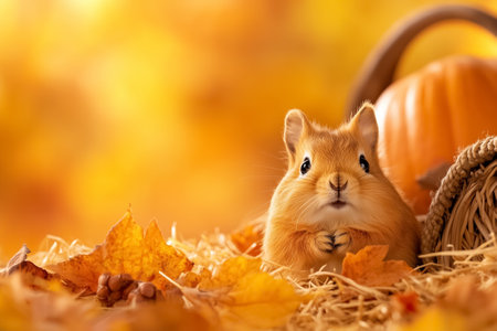 Guinea pig sits among colorful autumn leaves and a small pumpkin. Cozy atmosphere with straw and harvest motifs. Concept of pet care, seasonal marketing, animal lovers.の素材
