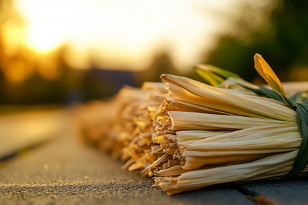 Bundles of dried straw placed on a wooden surface at sunset. Warm golden light highlights the texture and details of the straw. Concept of farming, crafts, natural materials, agriculture.の素材