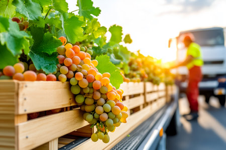 Harvested grapes packed in wooden crates with sunlight illuminating the vineyard. Worker preparing shipment in background. Concept of agriculture, fruit distribution, winery partnerships.の素材