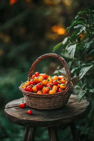 Basket filled with vibrant cherry tomatoes resting on rustic wooden stool. Lush green garden background adds to freshness. Concept of gardening, health foods, organic produce.の素材