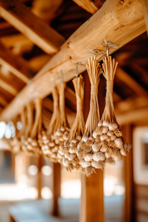 Garlic bulbs hanging in rustic wooden shed displaying natural light. Warm atmosphere highlights traditional food preservation method. Concept of culinary arts, organic farming, local cuisine.の素材