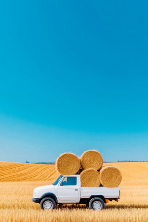 Truck carrying bales of hay drives through golden wheat field. Bright blue sky creates vibrant contrast. Concept of agriculture, farming, transportation.の素材