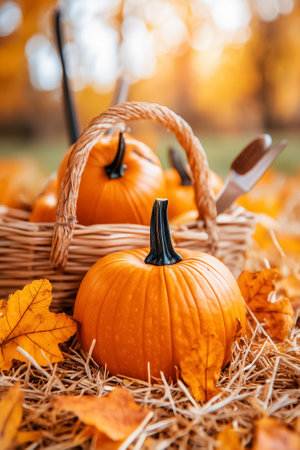 Pumpkins displayed in wicker basket among vibrant yellow and orange leaves. Warm autumn setting with sunlit backdrop. Concept fall decor, seasonal harvest, rustic atmosphere.の素材