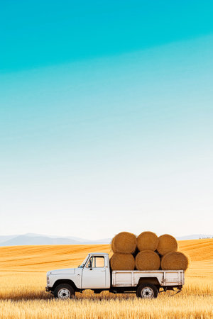 Farm truck transporting hay bales rests in expansive golden field. Blue sky setting emphasizes agricultural landscape. Concept of farming, rural lifestyle, harvest management.の素材