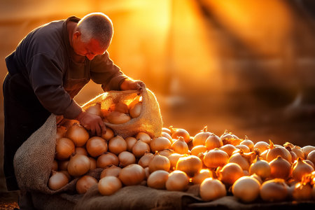 Farmer harvesting onions from burlap sack under warm golden light at sunset. Rural field setting with abundant onion crop. Concept of agriculture, farming, rural lifestyle.の素材