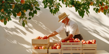 Worker sorting freshly harvested apples into wooden crates in bright orchard. Sunlight filters through trees. Concept fruit farming, seasonal harvest, agricultural labor.の素材