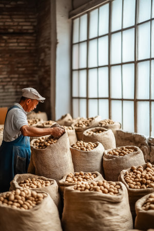 Farmer inspecting sacks filled with freshly harvested potatoes. Rustic warehouse setting with large windows allows natural light. Concept of agriculture, farming, food supply.の素材