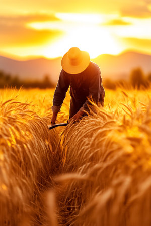 Farmer harvesting wheat in golden fields at sunset. Silhouetted against the vibrant sky, this scene captures the essence of hard work and dedication in agriculture. Concept of farming, harvest, labor.の素材