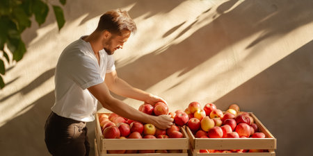Man sorting through harvested apples in wooden crates. Natural light highlights vibrant colors and textures. Concept of agriculture, fruit production, organic farming.の素材