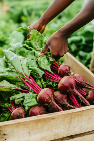 Hands pulling fresh beets from wooden crate in bright garden. Lush green leaves surround, signifying a bountiful harvest. Concept of agriculture, farming, organic produce.の素材