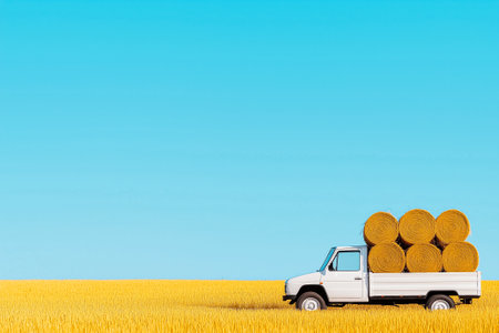 Truck loaded with hay bales parked in expansive golden field. Bright blue sky enhances open landscape. Concept of agriculture, farming, rural transport.の素材