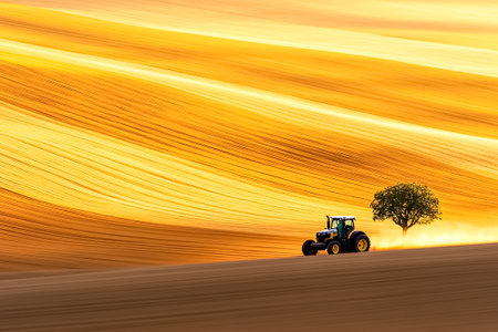 Tractor plowing through golden fields during sunset with rolling hills in background. Warm, vibrant agricultural scene. Concept farming, rural landscape, seasonal harvest.の素材