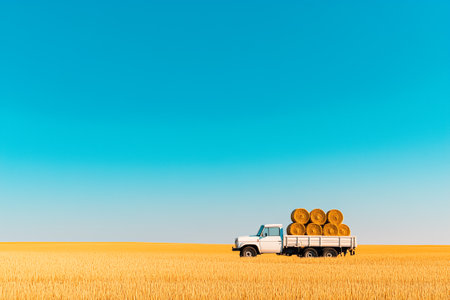 Truck loaded with hay bales in golden wheat fields. Clear blue sky setting creates a vast, open landscape. Concept of agriculture, farming, rural transportation.の素材