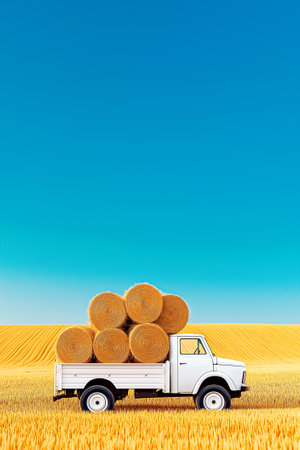 Truck loaded with round hay bales driving through golden field. Bright blue sky above creates clear rural setting. Concept of agriculture, farming, transportation.の素材