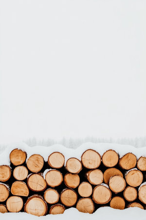 Stacked wooden logs resting on snow covered ground. Serene winter landscape with soft snow blanket. Concept of timber industry, forestry, winter aesthetics.の素材