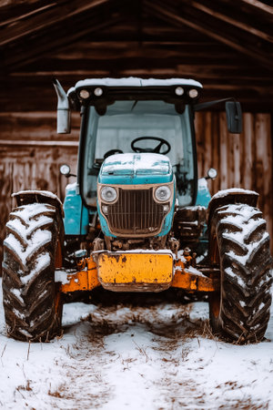 Tractor parked on snow-covered ground inside rustic barn. Slightly weathered wooden backdrop creates vintage atmosphere. Concept of agriculture, farming equipment, winter maintenance.の素材