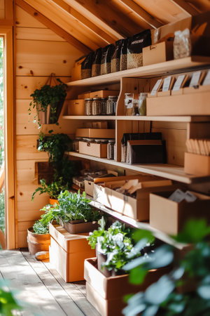 Indoor garden shed featuring shelves stacked with jars and potted plants. Natural light streams in, creating a warm atmosphere. Concept of gardening, home decor, plant care.の素材