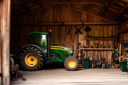 Tractor parked inside rustic wooden barn with farming tools and equipment. Setting conveys agricultural dedication and rustic charm. Concept of farming, rural life, equipment maintenance.の素材