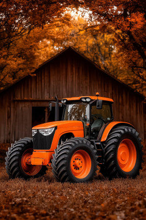 Tractor parked amid autumn landscape showcasing vibrant orange trees. Rustic barn backdrop enhances rural charm. Concept of agriculture, farming equipment, country lifestyle.の素材