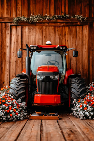 Red tractor is parked on wooden floor surrounded by vibrant flowers. Rustic barn setting enhances agricultural theme. Concept of farming, gardening, rural life.の素材