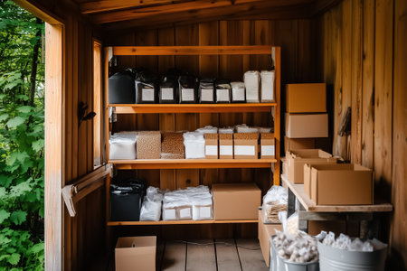 Shelves neatly arranged with various packages and boxes in a rustic wooden shed. Warm and inviting setting emphasizes organization and efficiency.の素材