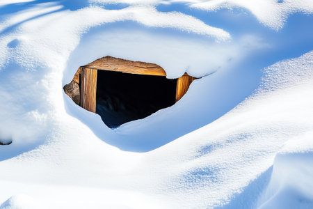 Wooden entrance to a shelter partially revealed by fresh snow accumulation. Winter landscape creates serene atmosphere with crisp bright light.の素材